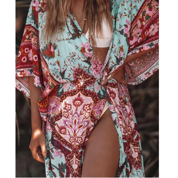 Boho Floral Print Belted Kimono Cover up Beach Red - Picture 2 of 8
